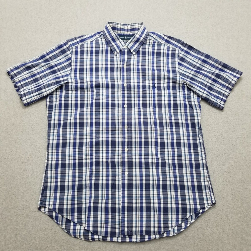 Ralph Lauren Shirt Mens Large Blue Plaid Casual Button Up Short Sleeve Pocket